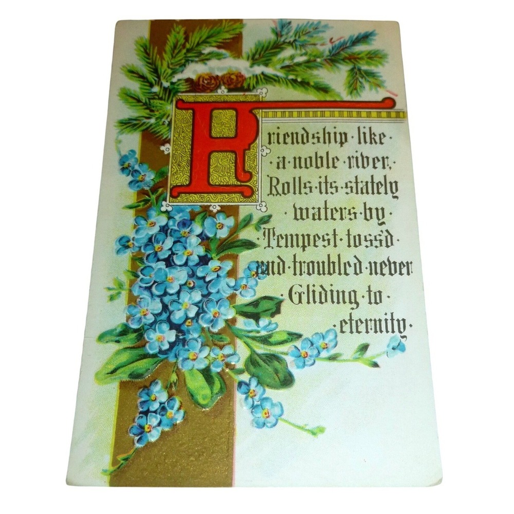 Vintage Embossed Friendship Postcard Forget-Me-Nots Gilded Poem‎ Divided Back